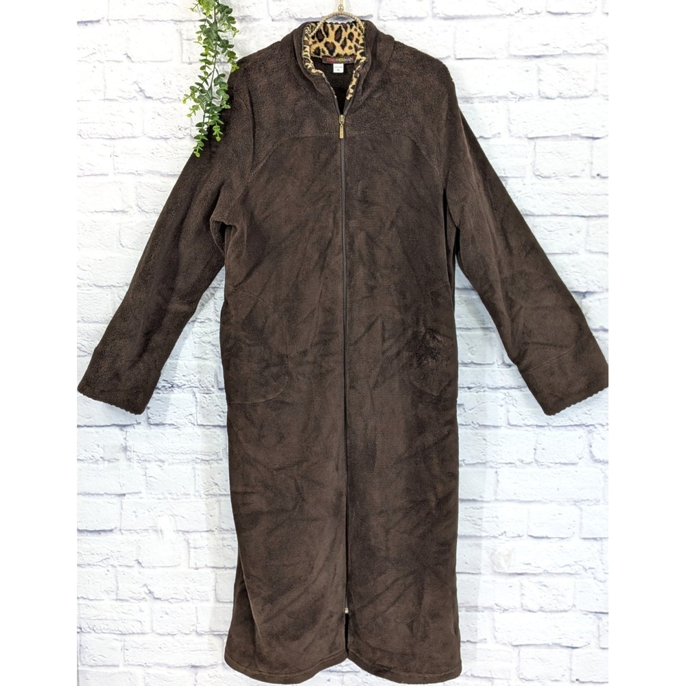 POCKLETS! Petite L😍Vtg Stan Herman Chenille Robe Brown Cheetah Zip House Coat